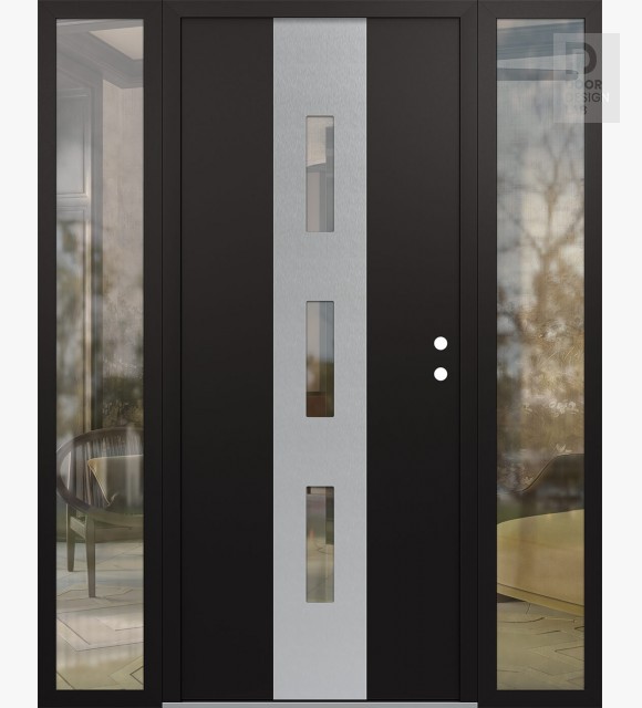 Modern Steel Front Door DIAMOND A7 68" X 80" BLACK/BLACK CLEAR GLASS PANEL STAINLESS STEEL LHI WITH 2 SIDELITES CLEAR GLASS