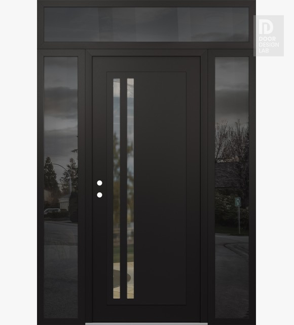 Modern Steel Front Door Diamond C6 64" x 96" black/black clear Glass Panel black RHI with 2 Sidelites and Transom mirrored Glass