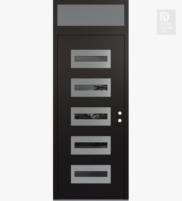 Modern Steel Front Door Diamond D4 36" x 96" black/black mirrored Glass Panel stainless steel LHI with Transom frosted Glass