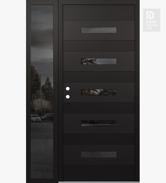 Modern Steel Front Door Diamond D9 52" x 80" black/black mirrored Glass Panel black RHI with Sidelite mirrored Glass