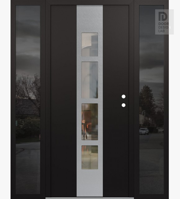 Modern Steel Front Door DIAMOND A10 68" X 80" BLACK/BLACK CLEAR GLASS PANEL STAINLESS STEEL LHI WITH 2 SIDELITES MIRRORED GLASS