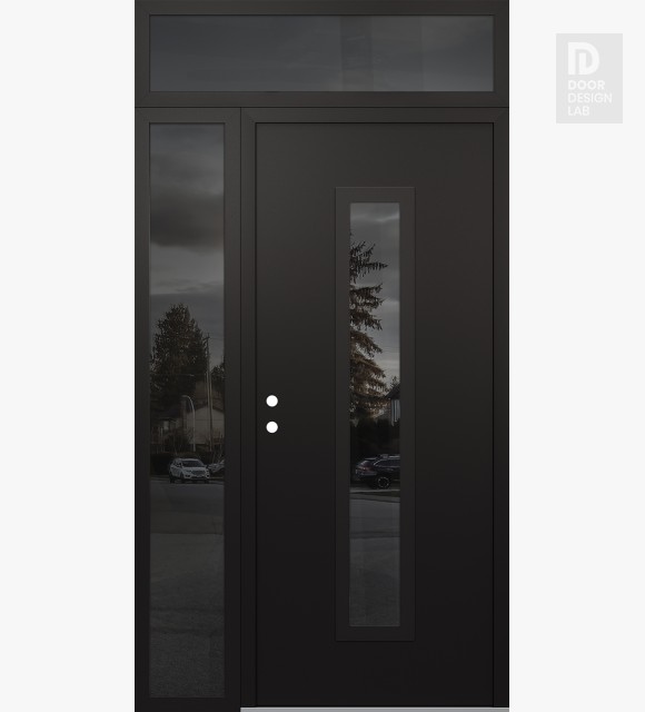 Modern Steel Front Door DIAMOND A11 50" X 96" BLACK/BLACK MIRRORED GLASS PANEL BLACK RHI WITH SIDELITE AND TRANSOM MIRRORED GLASS