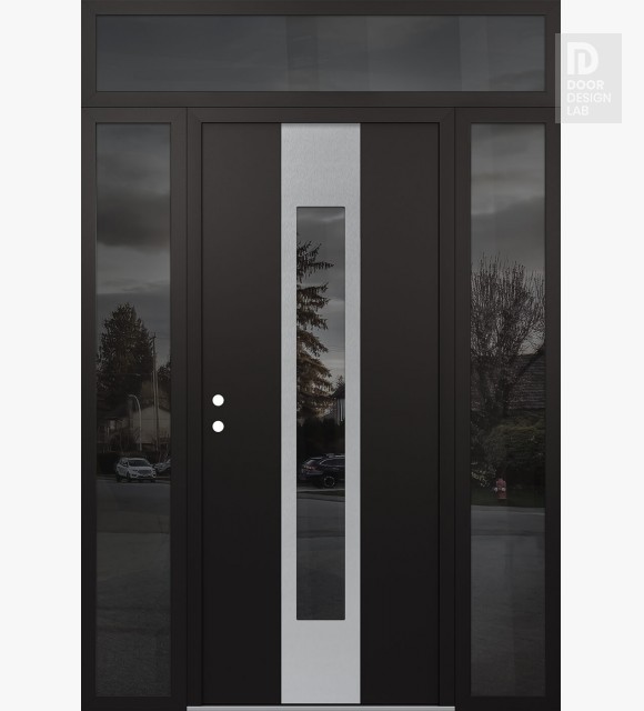 Modern Steel Front Door DIAMOND A1 68" X 96" BLACK/BLACK MIRRORED GLASS PANEL STAINLESS STEEL RHI WITH 2 SIDELITES AND TRANSOM MIRRORED GLASS