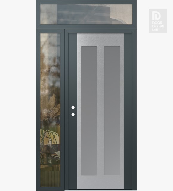 Modern Steel Front Door Diamond C14 52" x 96" anthracite/anthracite frosted Glass Panel stainless steel RHI with Sidelite and Transom clear Glass