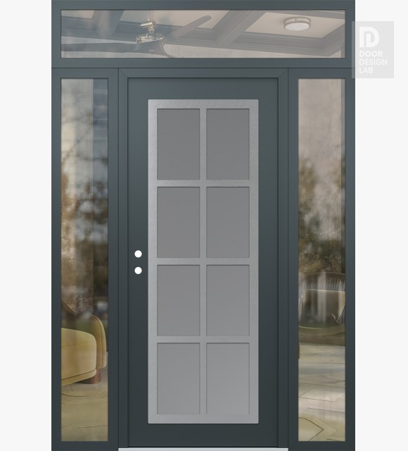 Modern Steel Front Door Diamond C16 68" x 96" anthracite/anthracite frosted Glass Panel stainless steel RHI with 2 Sidelites and Transom clear Glass