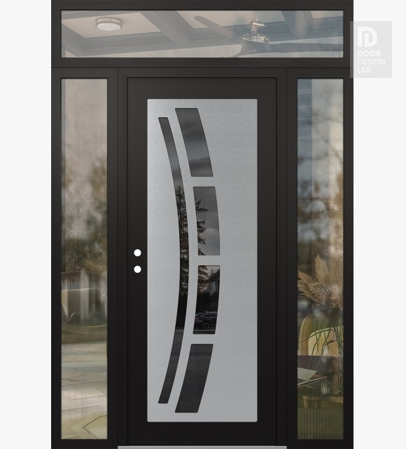Modern Steel Front Door Diamond C12 68" x 96" black/black mirrored Glass Panel stainless steel RHI with 2 Sidelites and Transom clear Glass