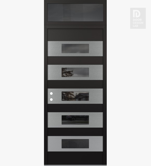 Modern Steel Front Door Diamond D5 36" x 96" black/black mirrored Glass Panel stainless steel RHI with Transom mirrored Glass