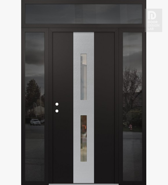 Modern Steel Front Door DIAMOND A6 68" X 96" BLACK/BLACK CLEAR GLASS PANEL STAINLESS STEEL RHI WITH 2 SIDELITES AND TRANSOM MIRRORED GLASS