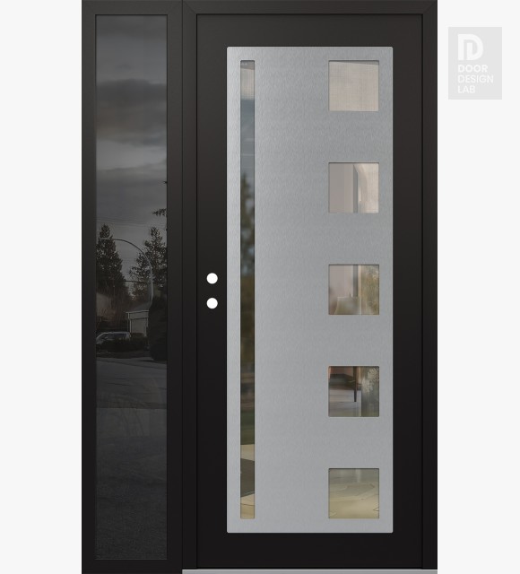 Modern Steel Front Door Diamond C3 48" x 80" black/black clear Glass Panel stainless steel RHI with Sidelite mirrored Glass