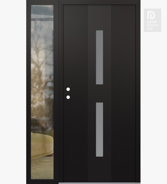 Modern Steel Front Door DIAMOND A6 48" X 80" BLACK/WHITE FROSTED GLASS PANEL BLACK RHI WITH SIDELITE CLEAR GLASS