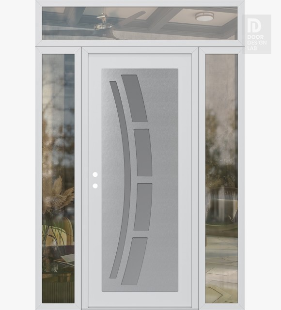 Modern Steel Front Door Diamond C12 60" x 96" white/white frosted Glass Panel stainless steel RHI with 2 Sidelites and Transom clear Glass