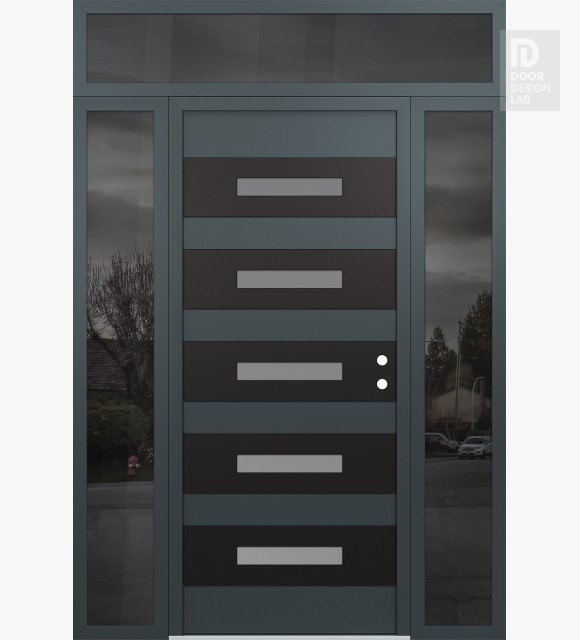 Modern Steel Front Door Diamond D9 64" x 96" anthracite/anthracite frosted Glass Panel black LHI with 2 Sidelites and Transom mirrored Glass