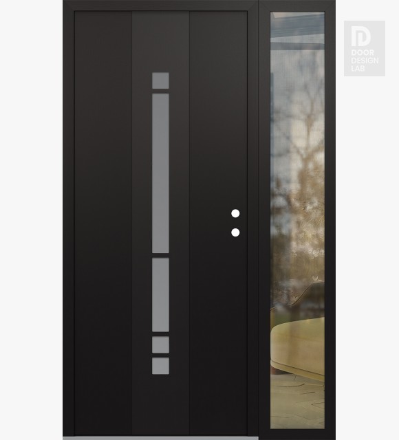 Modern Steel Front Door DIAMOND A3 52" X 80" BLACK/WHITE FROSTED GLASS PANEL BLACK LHI WITH SIDELITE CLEAR GLASS