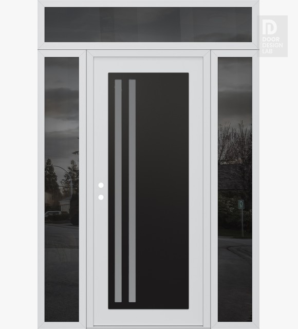 Modern Steel Front Door Diamond C6 64" x 96" white/white frosted Glass Panel black RHI with 2 Sidelites and Transom mirrored Glass