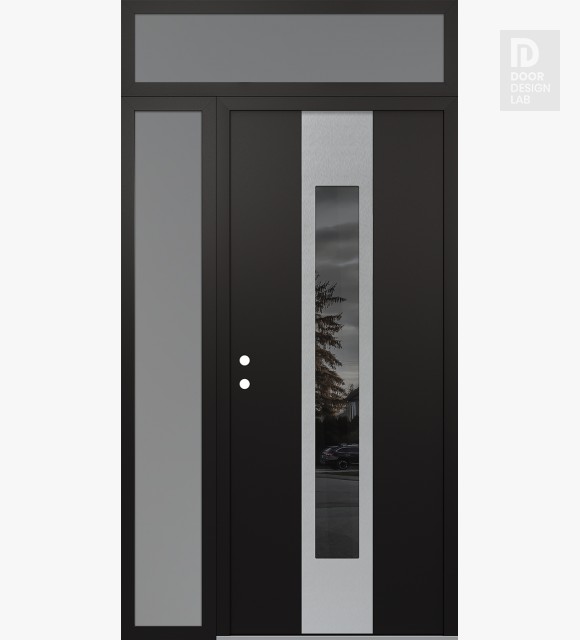 Modern Steel Front Door DIAMOND A1 48" X 96" BLACK/BLACK MIRRORED GLASS PANEL STAINLESS STEEL RHI WITH SIDELITE AND TRANSOM FROSTED GLASS