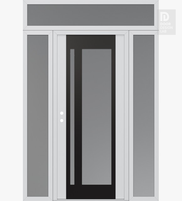 Modern Steel Front Door Diamond C15 64" x 96" white/white frosted Glass Panel black RHI with 2 Sidelites and Transom frosted Glass