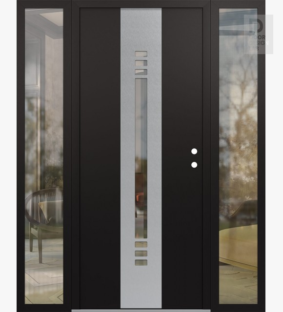 Modern Steel Front Door DIAMOND A5 68" X 80" BLACK/BLACK CLEAR GLASS PANEL STAINLESS STEEL LHI WITH 2 SIDELITES CLEAR GLASS