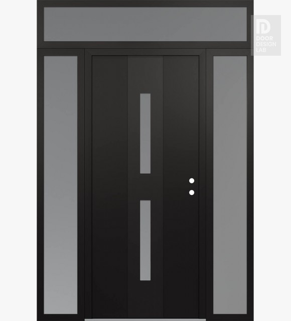 Modern Steel Front Door DIAMOND A6 60" X 96" BLACK/WHITE FROSTED GLASS PANEL BLACK LHI WITH 2 SIDELITES AND TRANSOM FROSTED GLASS
