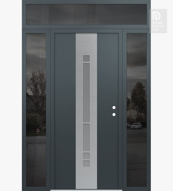 Modern Steel Front Door DIAMOND A3 64" X 96" ANTHRACITE/ANTHRACITE FROSTED GLASS PANEL STAINLESS STEEL LHI WITH 2 SIDELITES AND TRANSOM MIRRORED GLASS