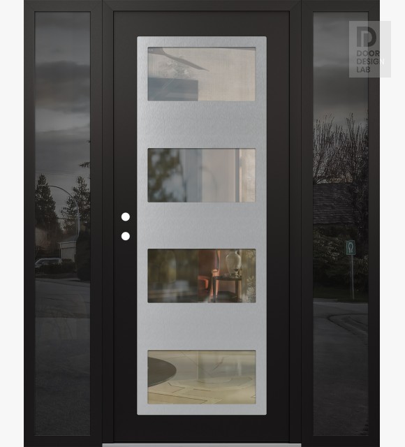 Modern Steel Front Door Diamond C2 68" x 80" black/black clear Glass Panel stainless steel RHI with 2 Sidelites mirrored Glass