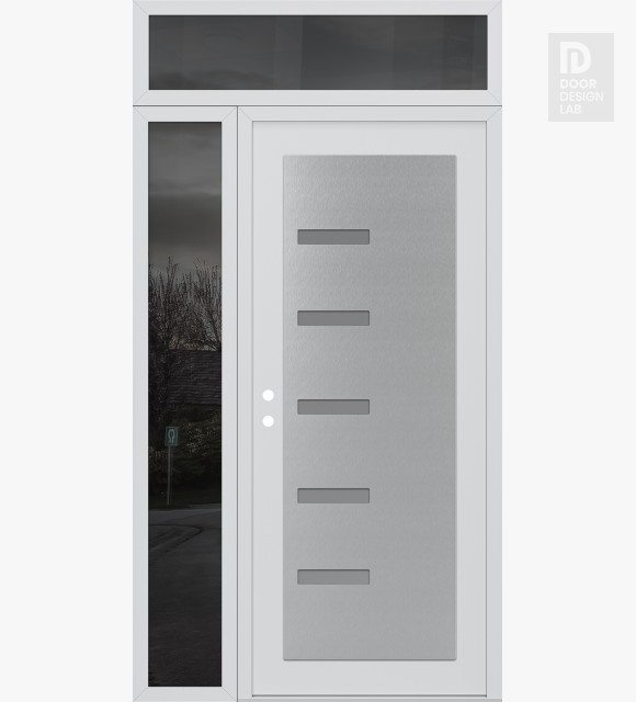 Modern Steel Front Door Diamond C8 48" x 96" white/white frosted Glass Panel stainless steel RHI with Sidelite and Transom mirrored Glass