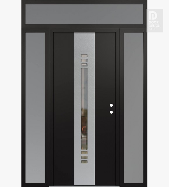 Modern Steel Front Door DIAMOND A5 68" X 96" BLACK/BLACK CLEAR GLASS PANEL STAINLESS STEEL LHI WITH 2 SIDELITES AND TRANSOM FROSTED GLASS