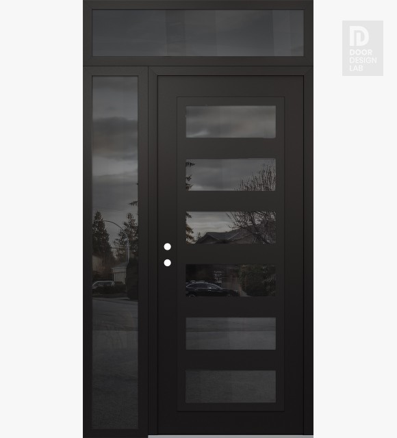 Modern Steel Front Door Diamond C9 52" x 96" black/black mirrored Glass Panel black RHI with Sidelite and Transom mirrored Glass