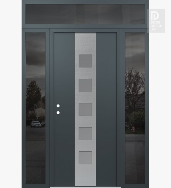 Modern Steel Front Door DIAMOND A13 60" X 96" ANTHRACITE/ANTHRACITE FROSTED GLASS PANEL STAINLESS STEEL RHI WITH 2 SIDELITES AND TRANSOM MIRRORED GLASS