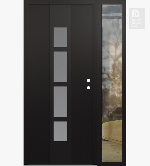 Modern Steel Front Door DIAMOND A10 48" X 80" BLACK/WHITE FROSTED GLASS PANEL BLACK LHI WITH SIDELITE CLEAR GLASS