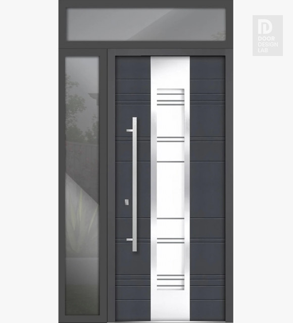 Front Exterior Prehung Steel Door / Deux 0757 Gray Graphite / Side and Top Exterior Window / Stainless Inserts Single Modern Painted-W36+16" x H80+16"-Right-hand Inswing