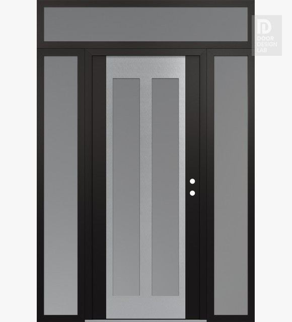 Modern Steel Front Door Diamond C14 64" x 96" black/white frosted Glass Panel stainless steel LHI with 2 Sidelites and Transom frosted Glass