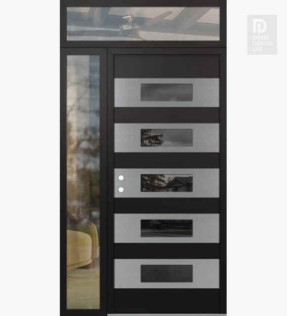 Modern Steel Front Door Diamond D5 52" x 96" black/black mirrored Glass Panel stainless steel RHI with Sidelite and Transom clear Glass