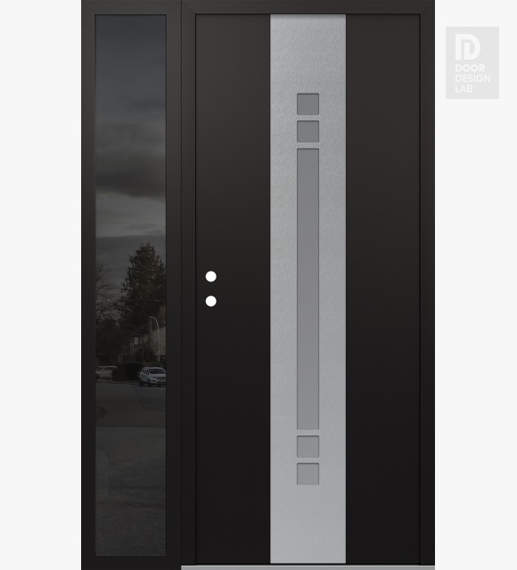 Modern Steel Front Door DIAMOND A4 52" X 80" BLACK/WHITE FROSTED GLASS PANEL STAINLESS STEEL RHI WITH SIDELITE MIRRORED GLASS