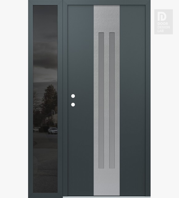 Modern Steel Front Door DIAMOND A8 52" X 80" ANTHRACITE/ANTHRACITE FROSTED GLASS PANEL STAINLESS STEEL RHI WITH SIDELITE MIRRORED GLASS