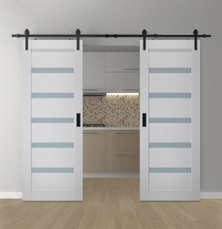 DOUBLE BARN DOOR LEORA VETRO BIANCO NOBLE 36" X 80" X 1 9/16" BLACK HARDWARE