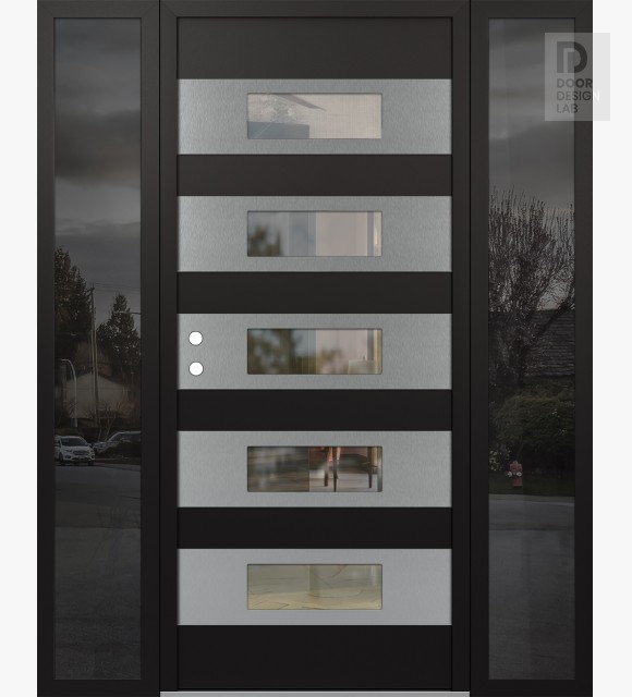 Modern Steel Front Door Diamond D5 60" x 80" black/black clear Glass Panel stainless steel RHI with 2 Sidelites mirrored Glass