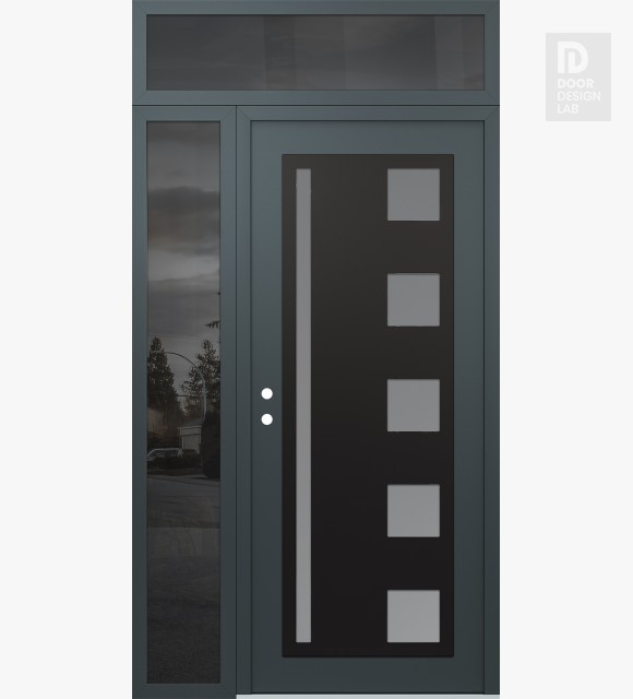 Modern Steel Front Door Diamond C3 52" x 96" anthracite/anthracite frosted Glass Panel black RHI with Sidelite and Transom mirrored Glass