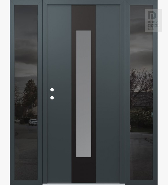 Modern Steel Front Door DIAMOND A1 60" X 80" ANTHRACITE/ANTHRACITE FROSTED GLASS PANEL BLACK RHI WITH 2 SIDELITES MIRRORED GLASS