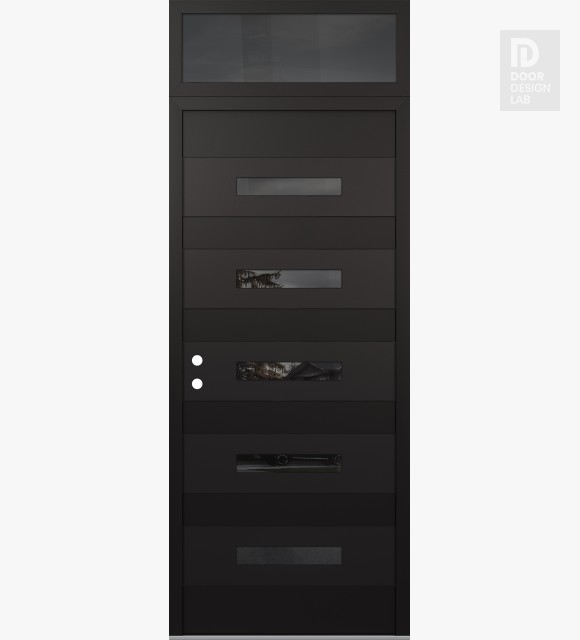 Modern Steel Front Door Diamond D9 36" x 96" black/black mirrored Glass Panel black RHI with Transom mirrored Glass