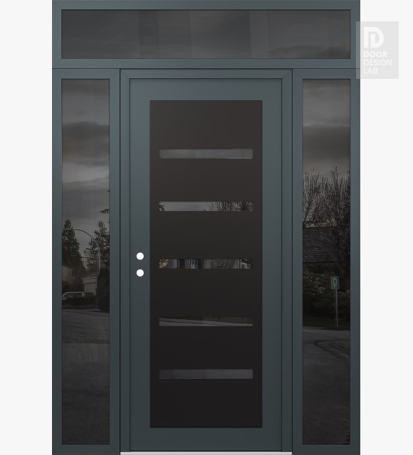 Modern Steel Front Door Diamond C7 64" x 96" anthracite/anthracite mirrored Glass Panel black RHI with 2 Sidelites and Transom mirrored Glass