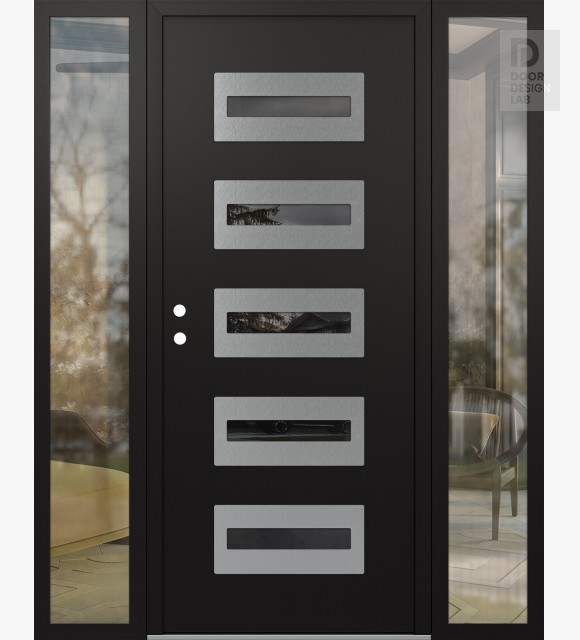 Modern Steel Front Door Diamond D4 60" x 80" black/black mirrored Glass Panel stainless steel RHI with 2 Sidelites clear Glass