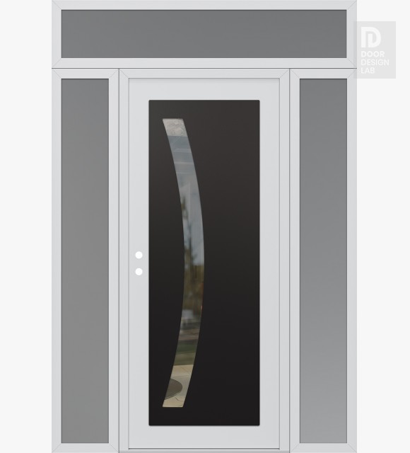 Modern Steel Front Door Diamond C4 68" x 96" white/white clear Glass Panel black RHI with 2 Sidelites and Transom frosted Glass