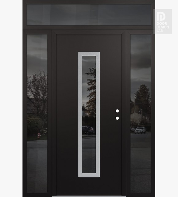 Modern Steel Front Door DIAMOND A11 68" X 96" BLACK/BLACK MIRRORED GLASS PANEL STAINLESS STEEL LHI WITH 2 SIDELITES AND TRANSOM MIRRORED GLASS
