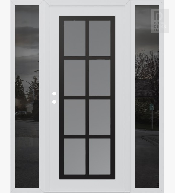 Modern Steel Front Door Diamond C16 68" x 80" white/white frosted Glass Panel black RHI with 2 Sidelites mirrored Glass