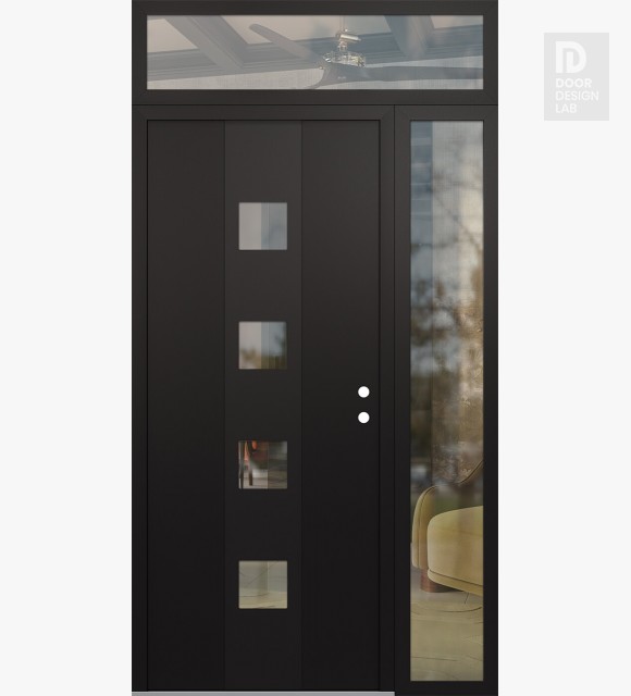 Modern Steel Front Door DIAMOND A12 50" X 96" BLACK/BLACK CLEAR GLASS PANEL BLACK LHI WITH SIDELITE AND TRANSOM CLEAR GLASS