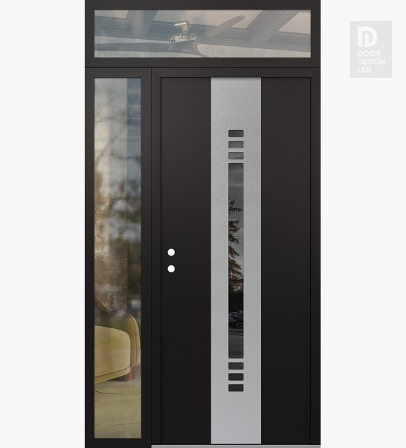Modern Steel Front Door DIAMOND A5 48" X 96" BLACK/BLACK MIRRORED GLASS PANEL STAINLESS STEEL RHI WITH SIDELITE AND TRANSOM CLEAR GLASS