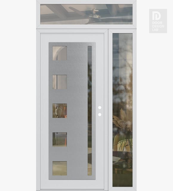 Modern Steel Front Door Diamond C3 50" x 96" white/white clear Glass Panel stainless steel LHI with Sidelite and Transom clear Glass