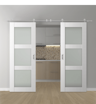 DOUBLE BARN DOOR PALLADIO 3 LITE VETRO BIANCO NOBLE 36" X 80" X 1 9/16" TEMPERED FROSTED GLASS STAINLESS STEEL HARDWARE