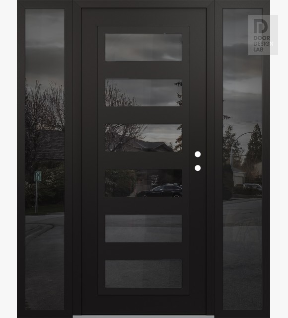 Modern Steel Front Door Diamond C9 68" x 80" black/black mirrored Glass Panel black LHI with 2 Sidelites mirrored Glass