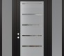 Modern Steel Front Door Diamond C11 64" x 96" black/black clear Glass Panel stainless steel RHI with 2 Sidelites and Transom frosted Glass